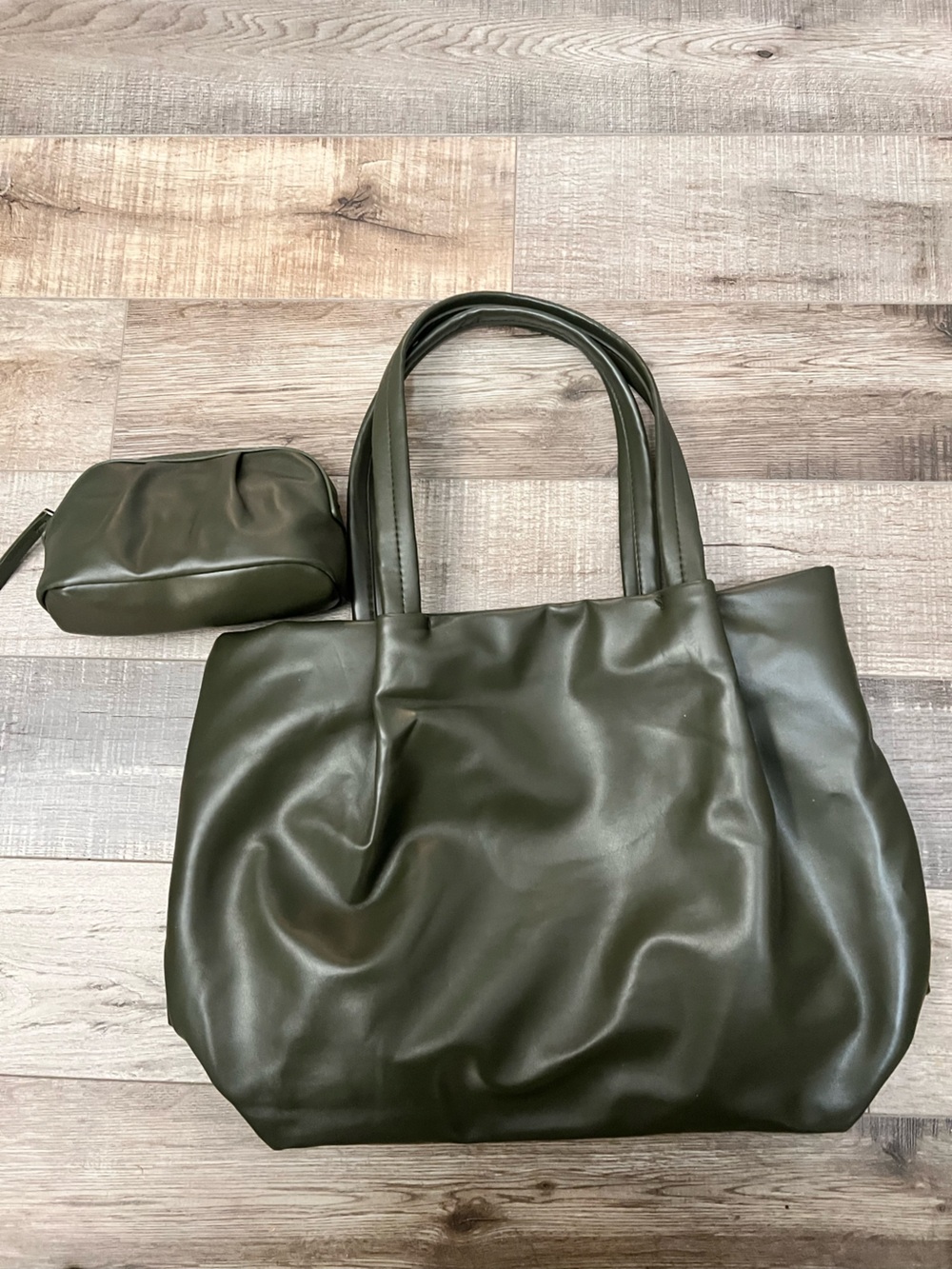 Neiman Marcus Olive Faux Leather Tote with Matching Pouch - Picture 6 of 8